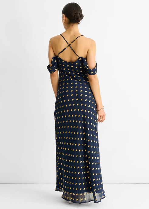 Marineblauwe maxi-jurk met col, afhangende mouwen en folieprint - Image 4