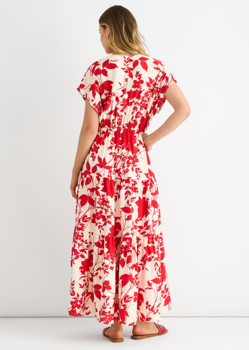 Rode maxi-jurk met bloemenprint en elastische tailleband - Image 4
