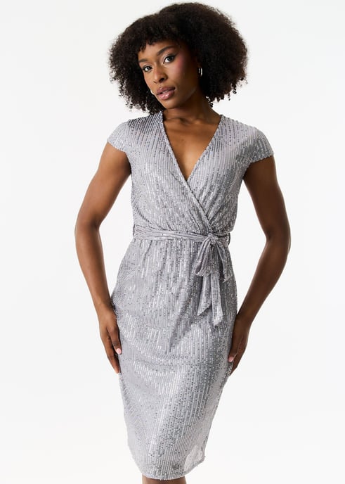 Gun Metal Pailletten Elastische Taille Wikkel Jurk met Riem - Image 1