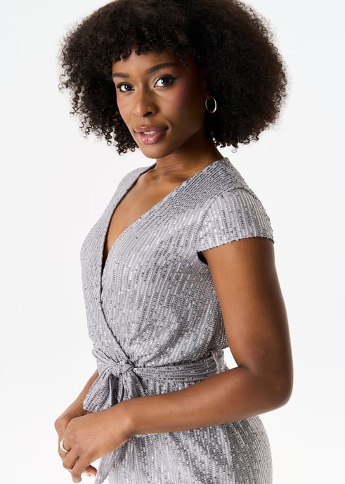 Gun Metal Pailletten Elastische Taille Wikkel Jurk met Riem - Image 2