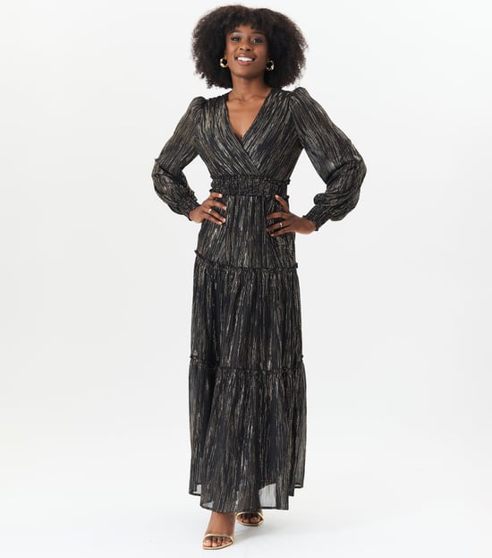 Zwart Lurex Chiffon Gelegenheid Gestaffelde Maxi Dres - Image 1