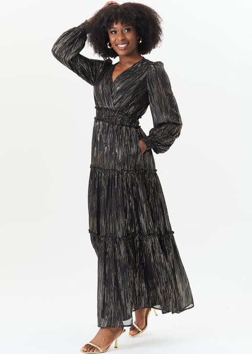 Zwart Lurex Chiffon Gelegenheid Gestaffelde Maxi Dres - Image 3