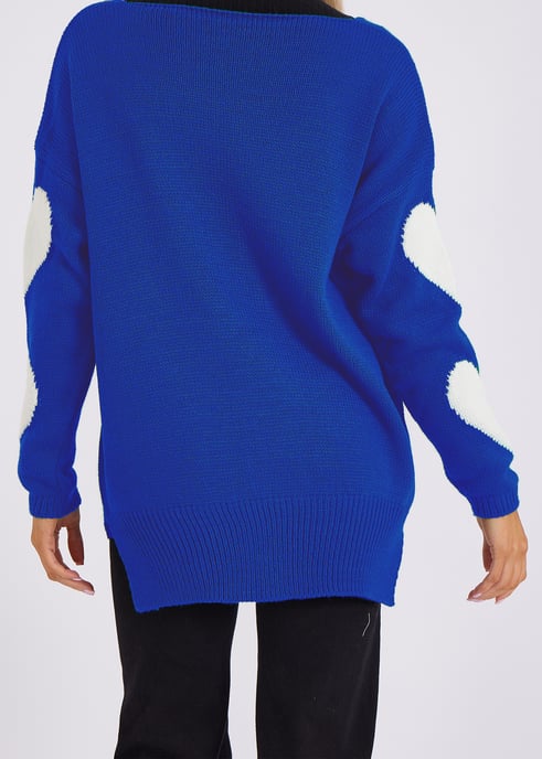 Blauwe V-hals oversized gebreide hartjestrui. - Image 4
