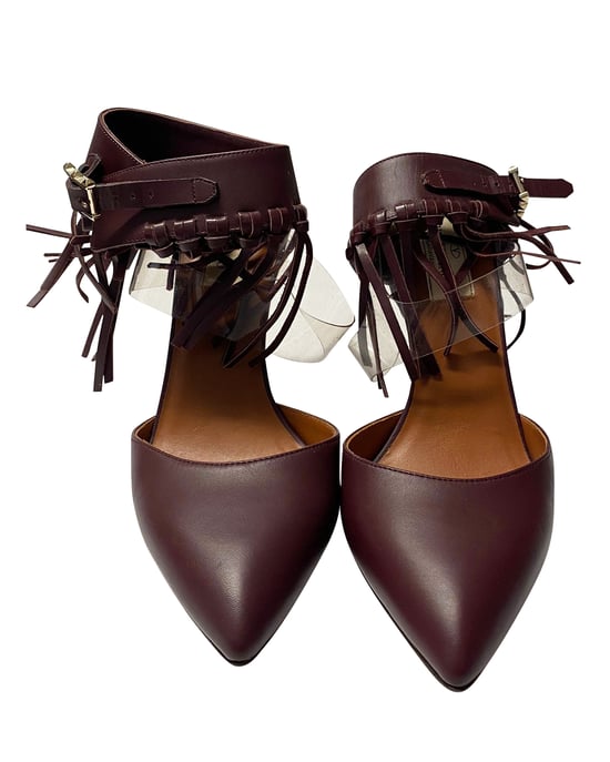 Valentino C-Rockee Fringe Ankle Strap Sandals in Burgundy Leather - Image 2