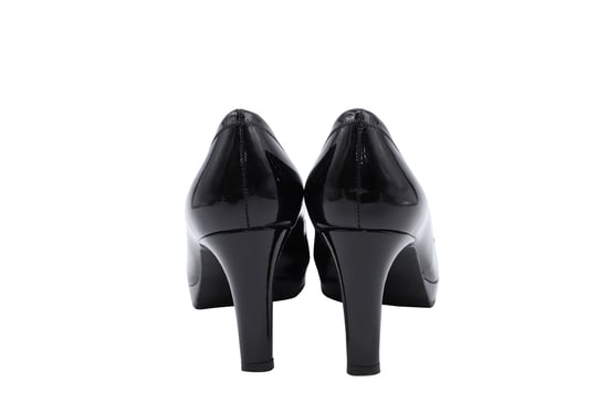 Stuart Weitzman x Russel Bromley Peep-Toe Pumps in Zwart Glanzend Leer - Image 4