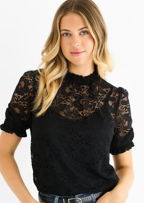 Zwarte losvallende blouse met hoge kraag en kant - Image 2
