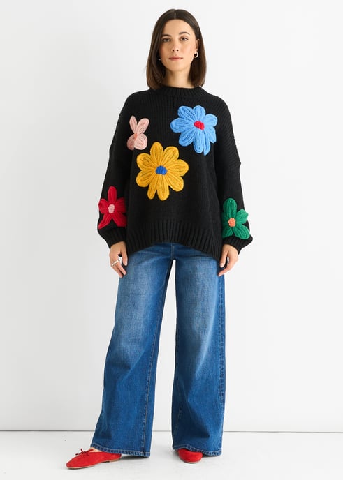 Zwarte Bloemige Gehaakte Chunky Brei Oversized Trui - Image 1