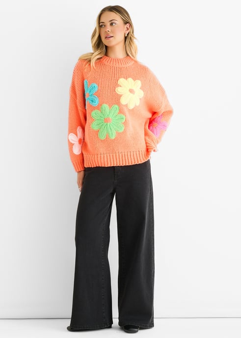 Oranje Bloemige Gehaakte Dikke Gebreide Oversized Trui - Image 1