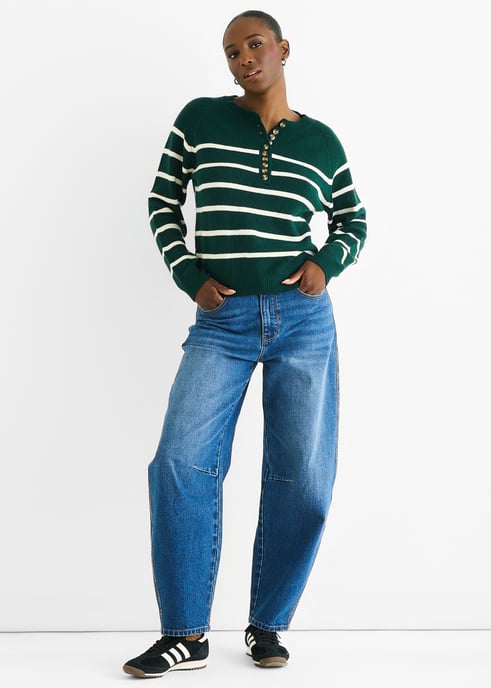 Groene Recycle Stripe Knopen Losvallende Gebreide Trui - Image 1