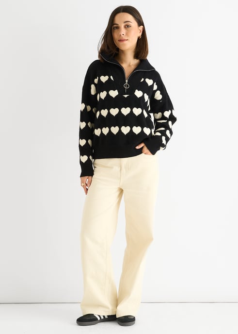 Zwarte Hart Zip-Up Losse Fit Trui - Image 1