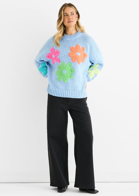 Blauwe Bloemen Haak Dikke Gebreide Oversized Trui - Image 1