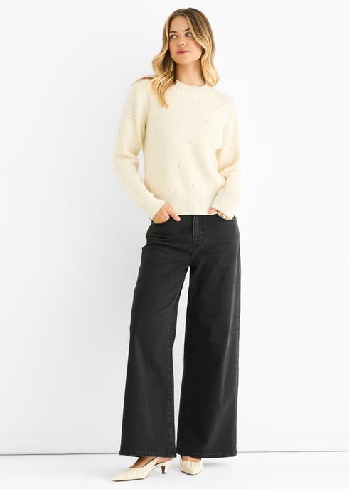 Romige Parels Studded Hoge Hals Gebreid Trui - Image 1