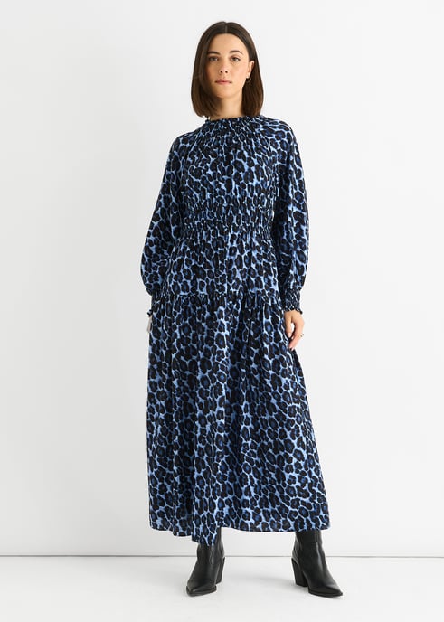 Blauwe Dierenprint Gerimpelde Hoge Necker Maxi-jurk - Image 1