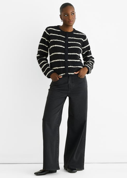Zwarte Streep Militaire Crop Recycle Gebreide Cardigan - Image 1