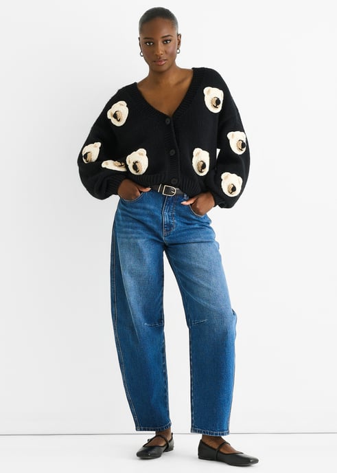 Zwarte 3D Contrast Teddy Haak Cardigan - Image 1