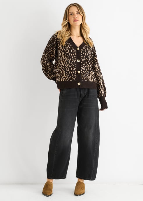 Chocolade Dierenprint Wolmix Cardigan Look Trui - Image 1