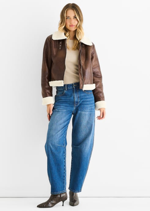 Bruine Faux Leather Shearling Bont Pilotenjasje - Image 1