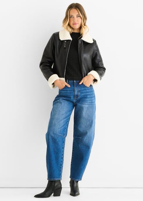 Zwarte Faux Leren Shearling Bont Pilotenjas - Image 1