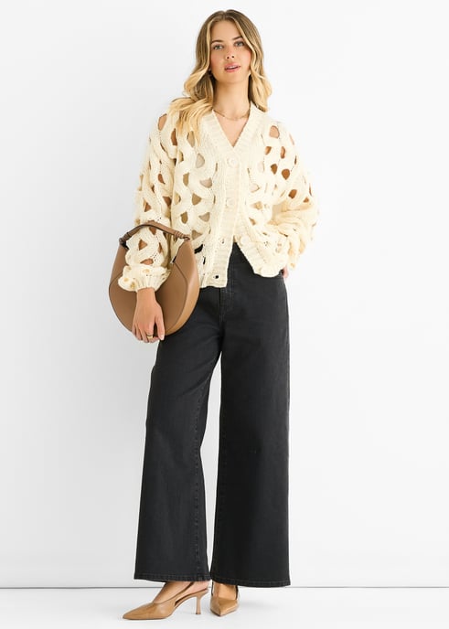 Crème Hollow Chunky Gebreide Cardigan - Image 1