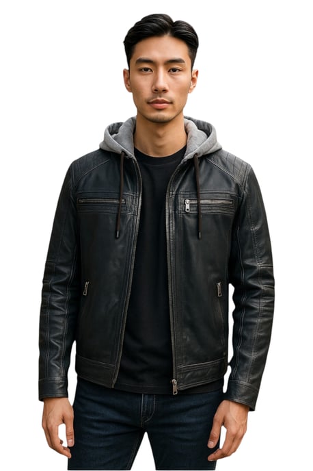 Heren blauwe capuchon biker lamsleren jas - Ingham - Image 1