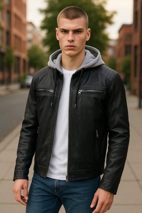 Heren blauwe capuchon biker lamsleren jas - Kingston - Image 1
