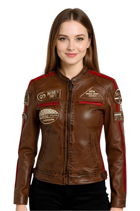 Dames bruine leren bikerjack met racebadges - Dalby - Image 1