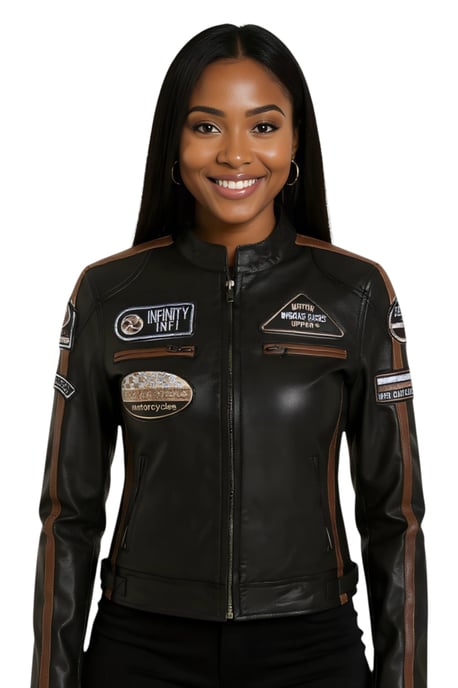 Dames zwarte leren bikerjack met racebadges - Dalby - Image 1
