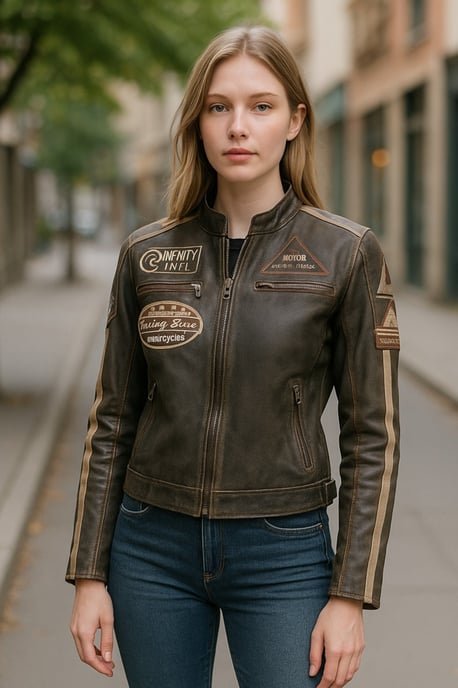 Dames Vintage Tan Biker Racing Badges Leren Jas - Eastleigh - Image 1