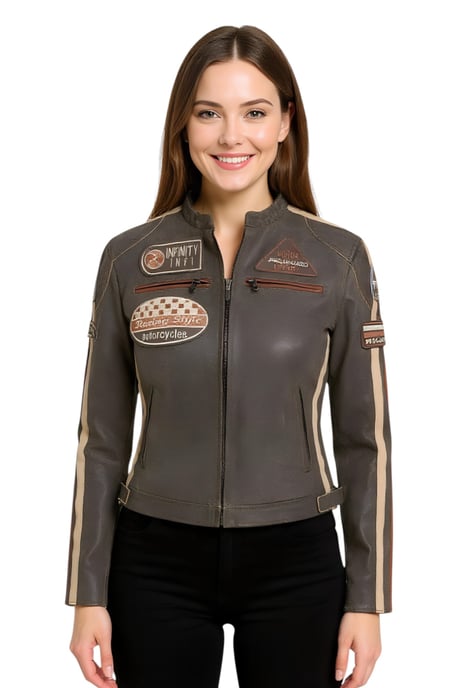 Dames vintage bruine leren bikerjack met racebadges - Dalby - Image 1