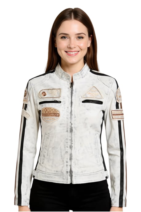 Dames wit leren bikerjack met racebadges - Dalby - Image 1