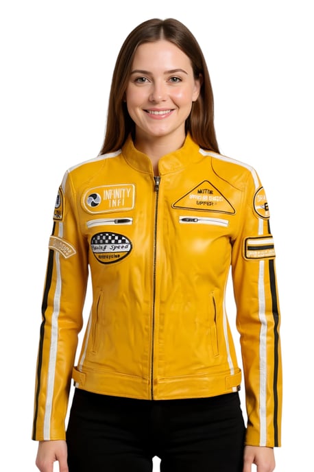 Dames geel leren bikerjack met racebadges - Dalby - Image 1