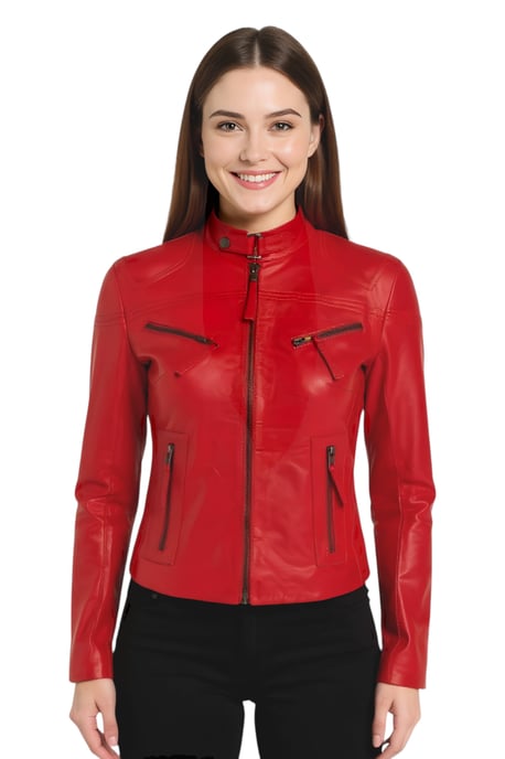Dames Rood Casual Slim-Fit Leren Bikerjack - Tulsa - Image 1