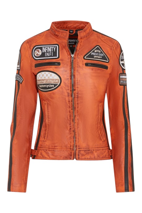 Dames oranje leren bikerjack met racebadges - Agadir - Image 1
