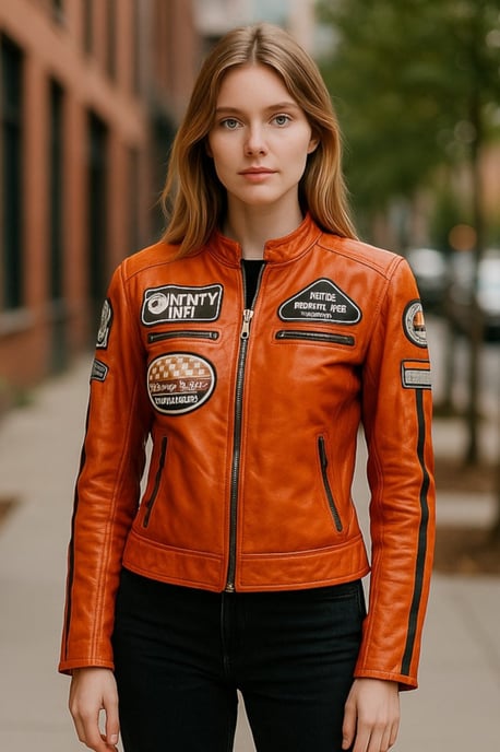 Dames oranje Biker Racing Badges leren jack - Eastleigh - Image 1
