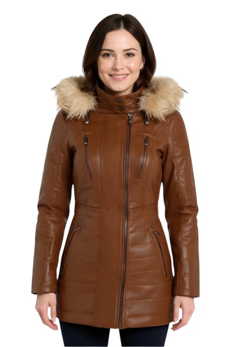 Dames Tan Dames Tan Bruin Gewatteerde Leren Parka Jas-Bowen - Image 1