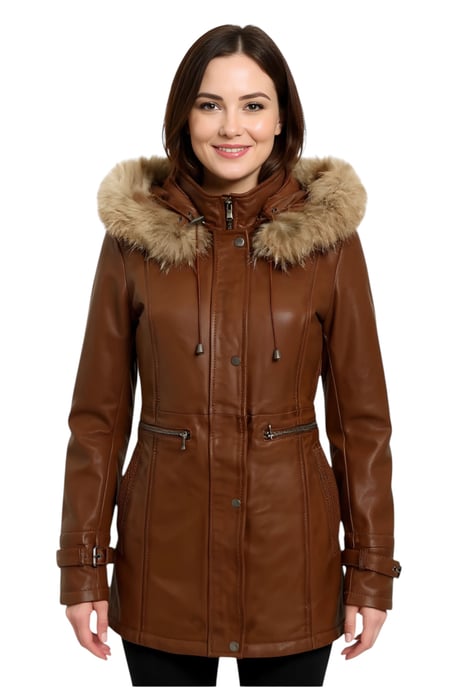Dames bruine leren parka met capuchon - Charleville - Image 1