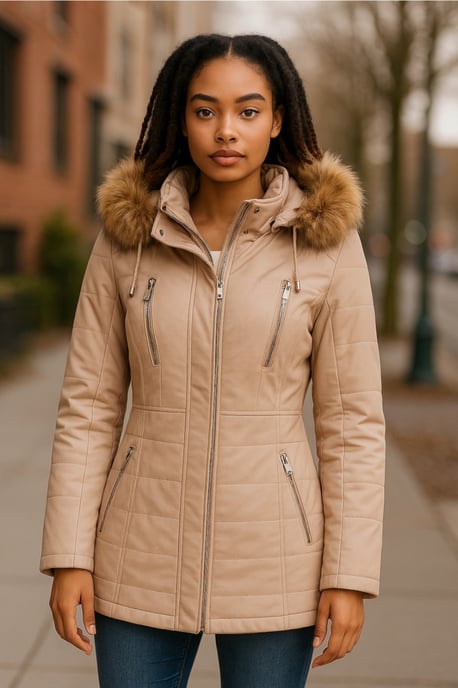 Beige gewatteerde leren parka voor dames - Winton - Image 2