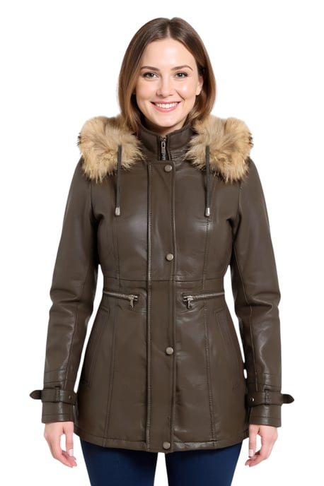 Dames bruine leren parka met capuchon - Charleville - Image 1