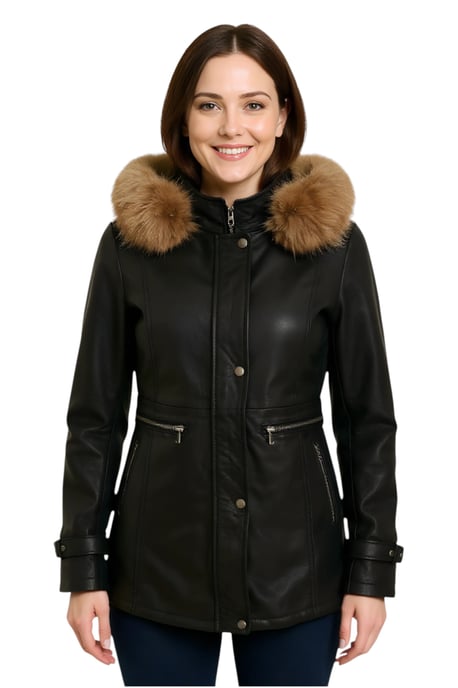 Zwarte leren parka met capuchon voor dames - Charleville - Image 1