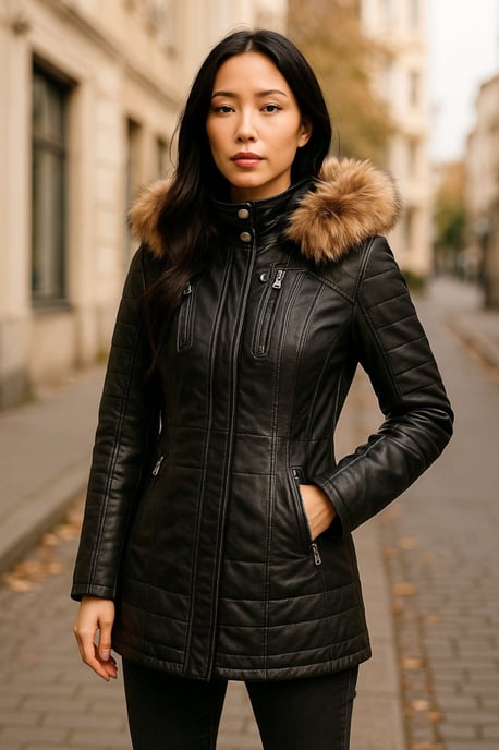 Zwarte gewatteerde leren parka voor dames - Winton - Image 2