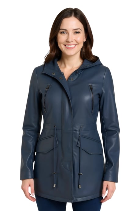 Dames blauwe leren parka met capuchon - Cairns - Image 1