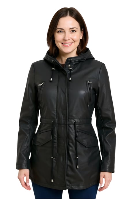 Zwarte leren parka met capuchon voor dames - Cairns - Image 1