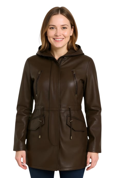 Dames bruine leren parka met capuchon - Cairns - Image 1