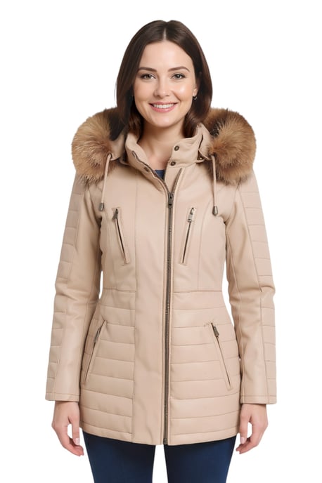 Beige gewatteerde leren parka voor dames - Bowen - Image 1