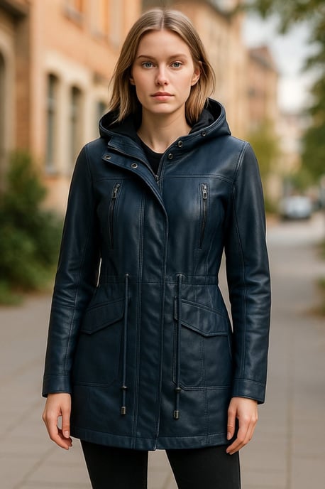 Dames blauwe leren parka met capuchon - Clare - Image 1