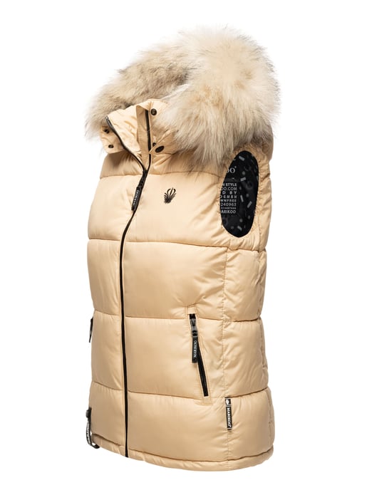 Marikoo dames gewatteerd vest – Eisflöckchen met capuchon & imitatiebontkraag - Image 3