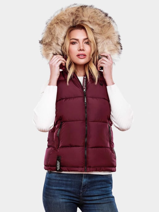Marikoo dames gewatteerd vest – Eisflöckchen met capuchon & imitatiebontkraag - Image 6