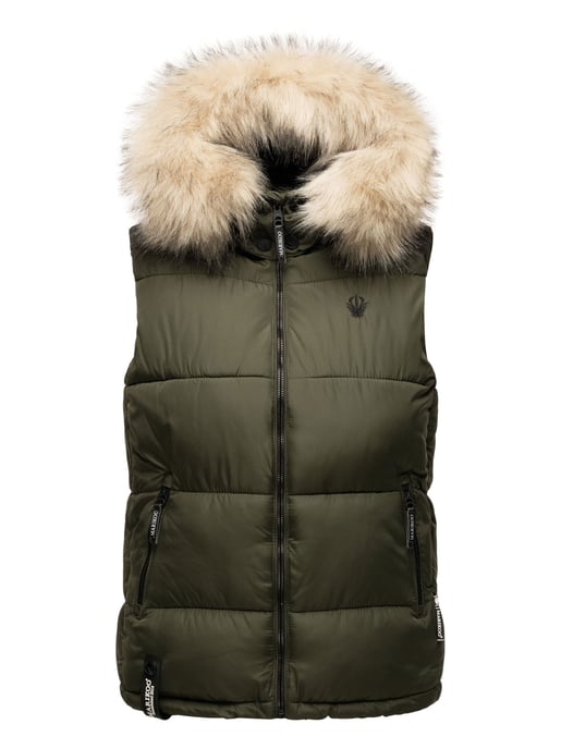 Marikoo dames gewatteerd vest – Eisflöckchen met capuchon & imitatiebontkraag - Image 2