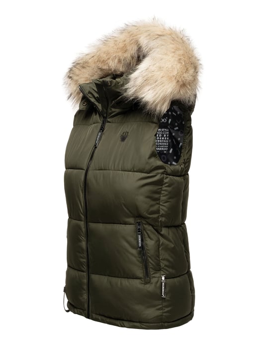 Marikoo dames gewatteerd vest – Eisflöckchen met capuchon & imitatiebontkraag - Image 3