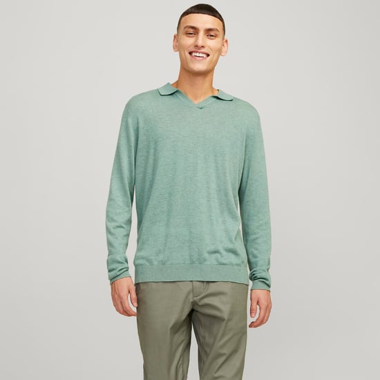 Jack & Jones Trui Cigor Linen Split Neck Groen - Image 2